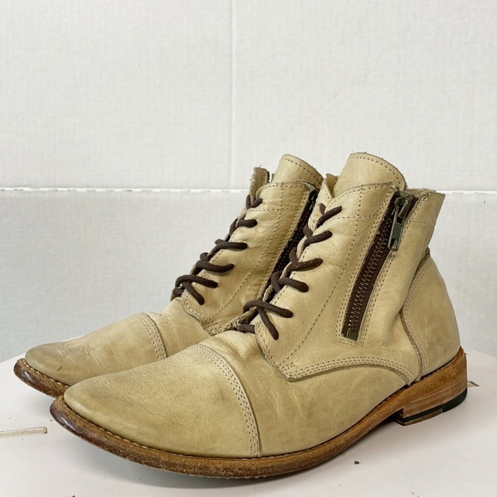 Bed Stu Womens 7M Genuine Leather Cobbler Series Bonnie Boot Ecru Zip Lace Up